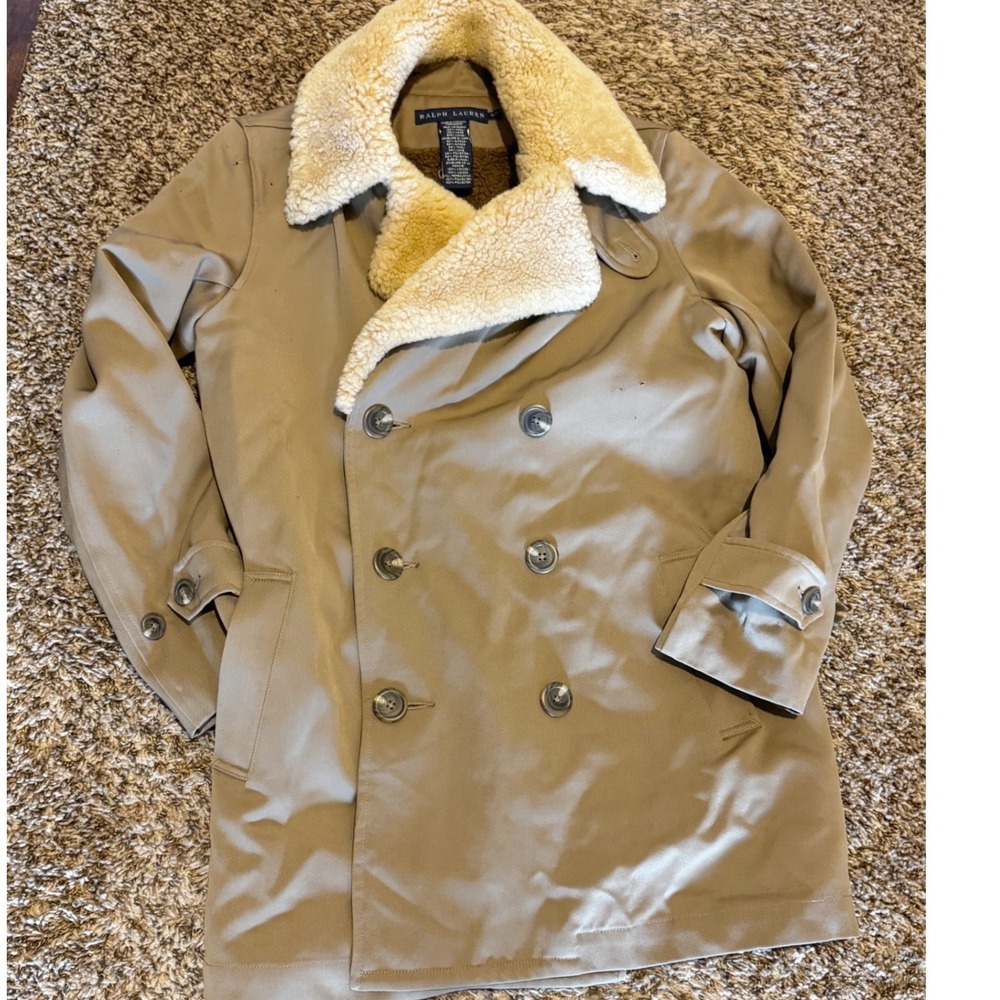 Ralph Lauren Mens Wool Pea Coat Tan Alpaca Blend Lining Shearling Collar S/P